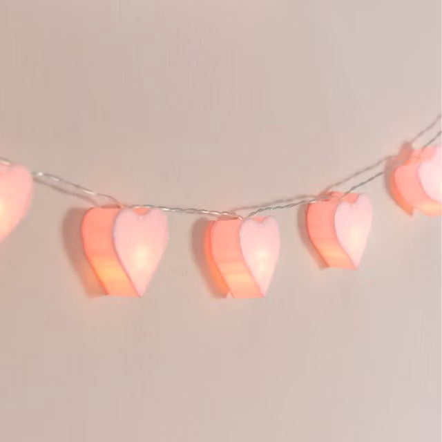 ValueLights Pink and White Paper Heart LED String Lights with Warm White Battery Operated Lights