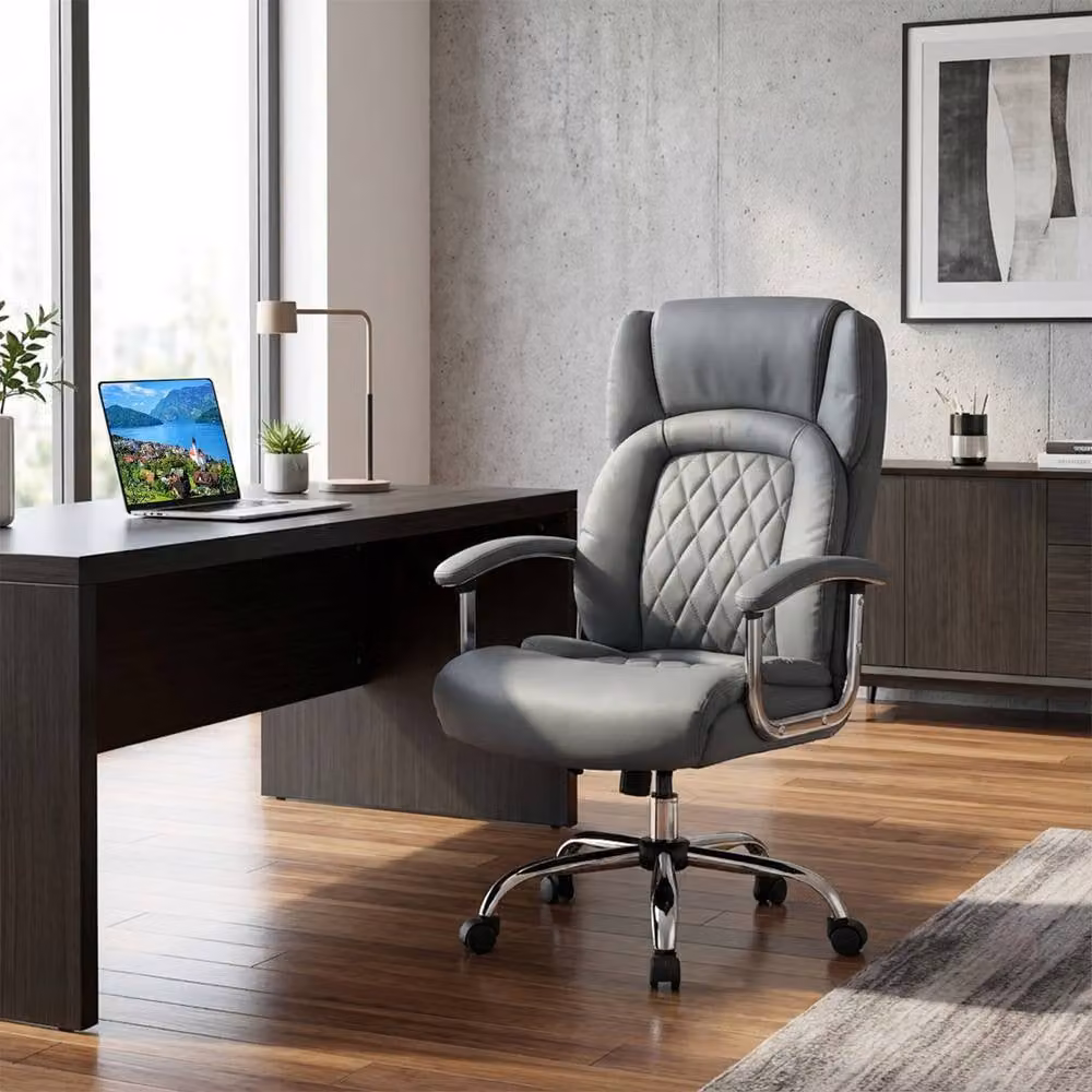 Costway Modern Grey PU Leather Executive Office Chair with Headrest and Armrests – 5