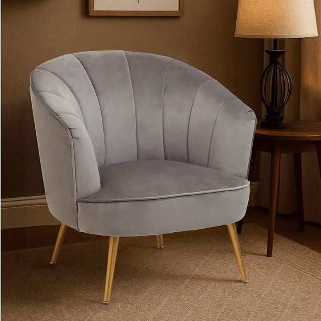 Orsina Yolanda Modern Grey Velvet Tub Chair with Gold Metal Frame and Armrests