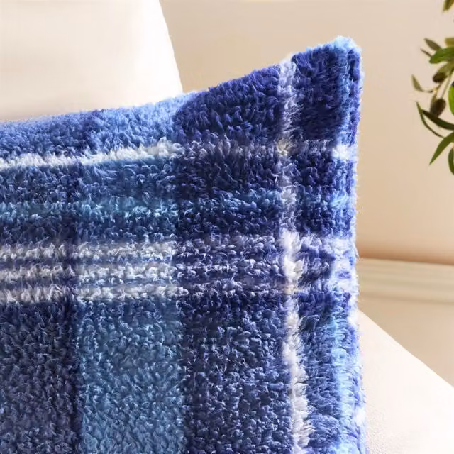 OHS Winter Check Teddy Cushion Covers in Navy Blue
