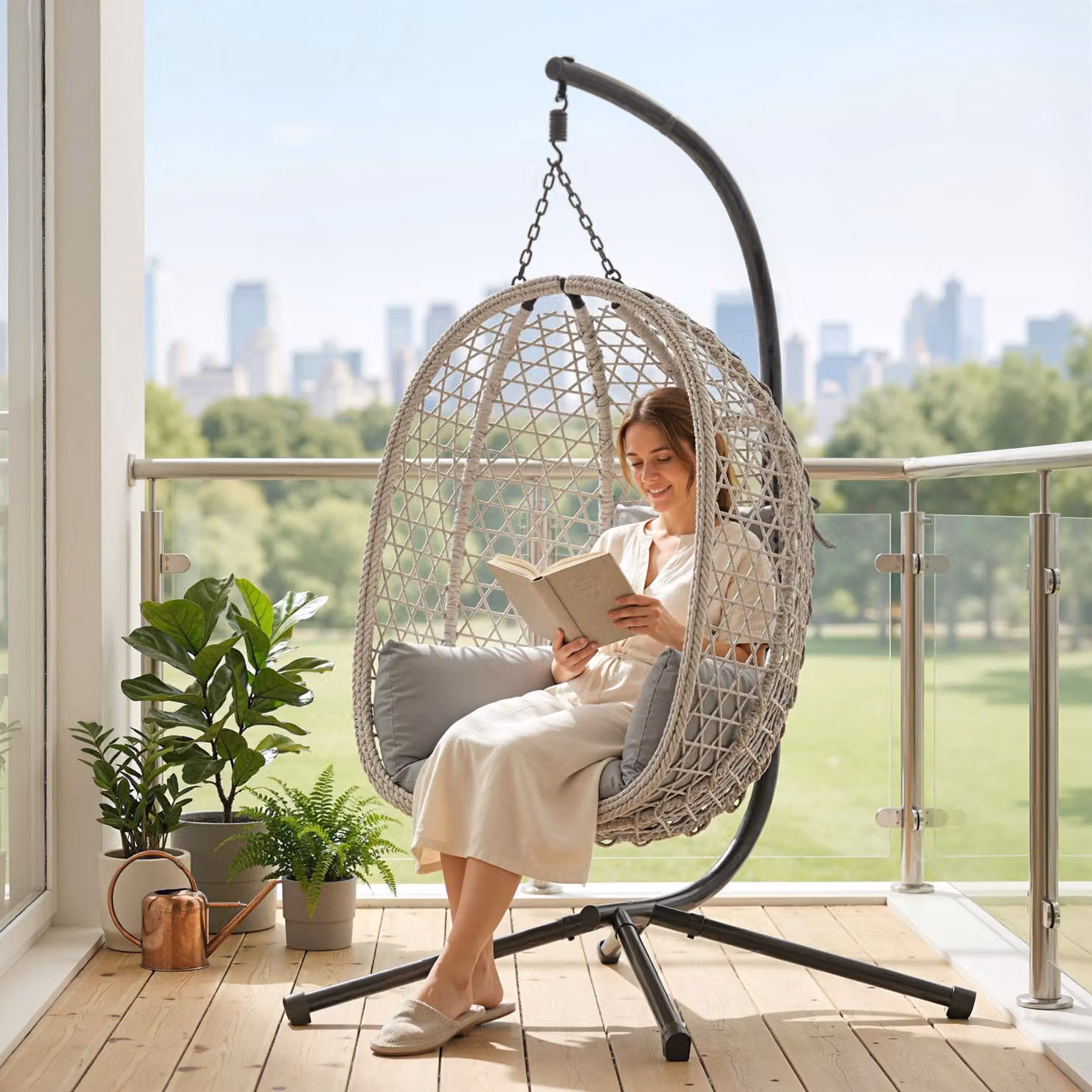 Outsunny Hanging Egg Chair with Stand, Light Grey Rattan Hammock Swing Chair with UV-Resistant Cushions for Indoor and Outdoor Use – 6