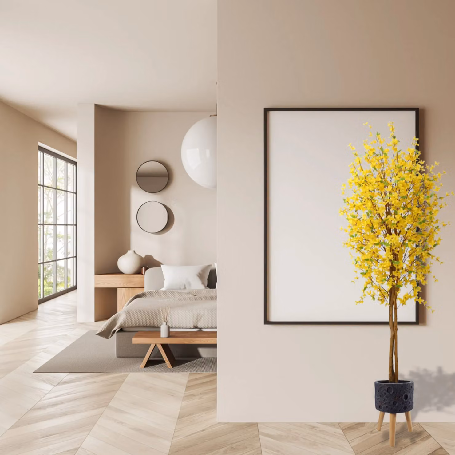 Pegdev 150cm Artificial Forsythia Tree in a Lunar Black Planter, Yellow – 3
