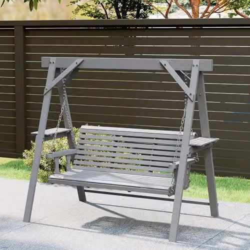 Outsunny 3 Seater Wooden Garden Swing Seat with Side Tables and Cushions, Grey, W/D/H: 217 x 124 x 171 cm – 8