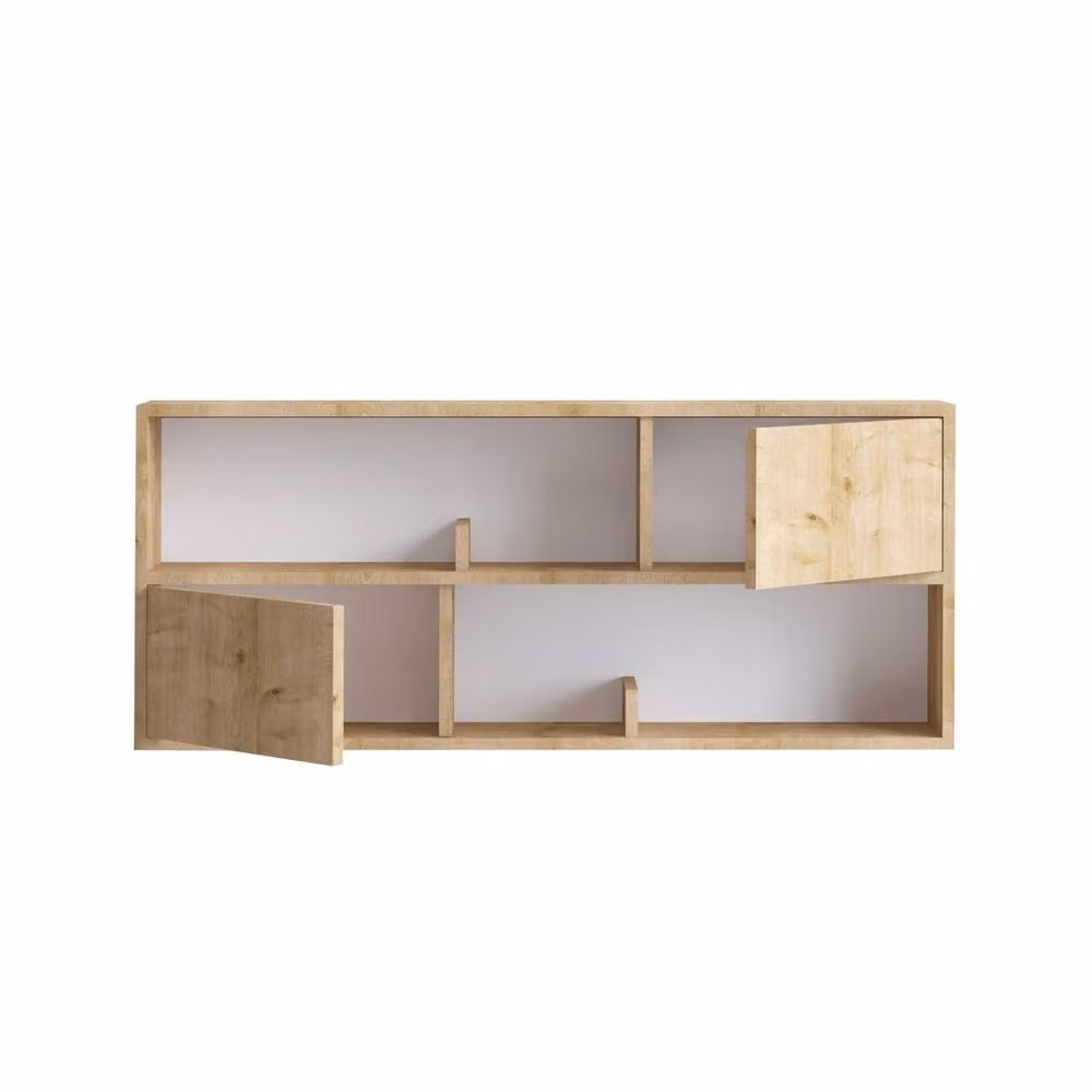 CALICOSY Wall-Mounted Hanging Shelf with 2 Doors and 2 Open Niches in Light Brown Oak Wood Finish – 2