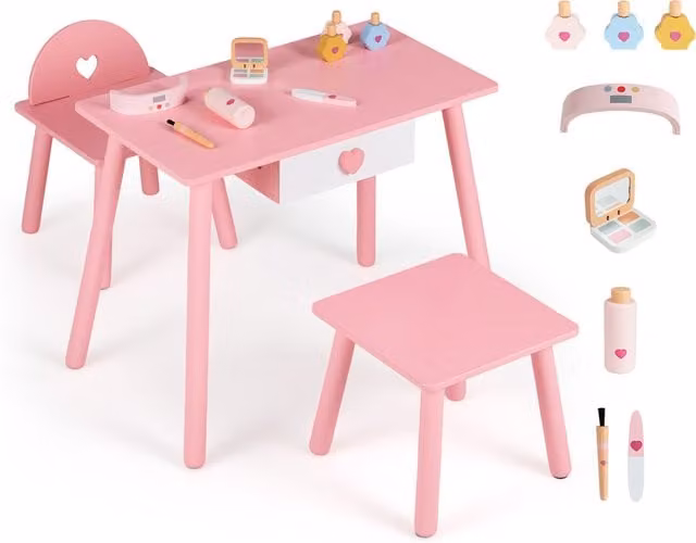 Costway Kids Pretend Nail Salon Playset with Chair and Stool in Pink Wood