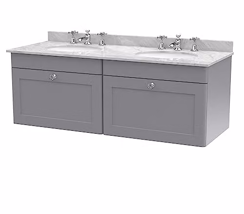 nuie Classique CLC294GR6 Wall Hung 2 Drawer Unit with 3 Tap Hole Double Marble Top and Round Basin, Satin Grey