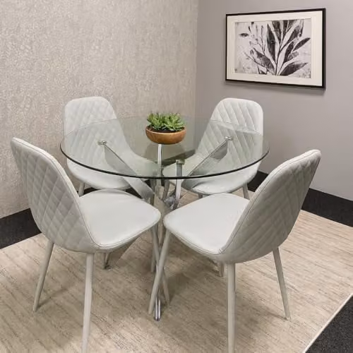 KOSY KOALA Round Transparent Glass Dining Table with 4 Grey Leather Chairs