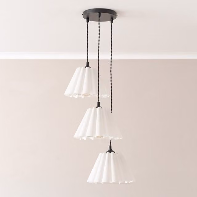 ValueLights Lauren 3 Drop Cluster Ceiling Pendant Light with White Pleated Fabric Shades and Matte Black Metal Finish