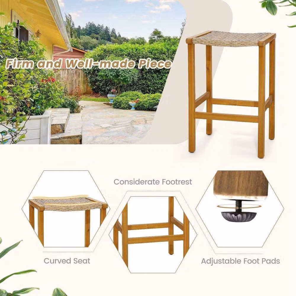 KORVIXA Set of 2 Rustic Brown Acacia Wood and Rattan Bar Stools – 2