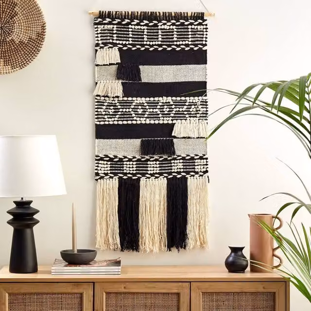 Wyld and Coco Geometric Boho Cotton Wall Hanging in Beige and Black, W: 145 cm, H: 56 cm