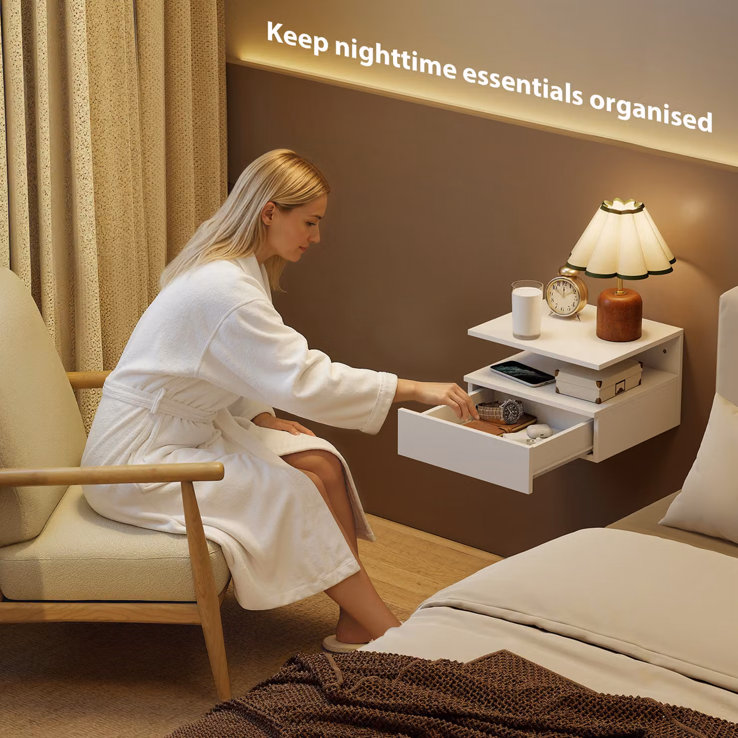 HOMCOM Set of Two White Floating Bedside Tables – 2
