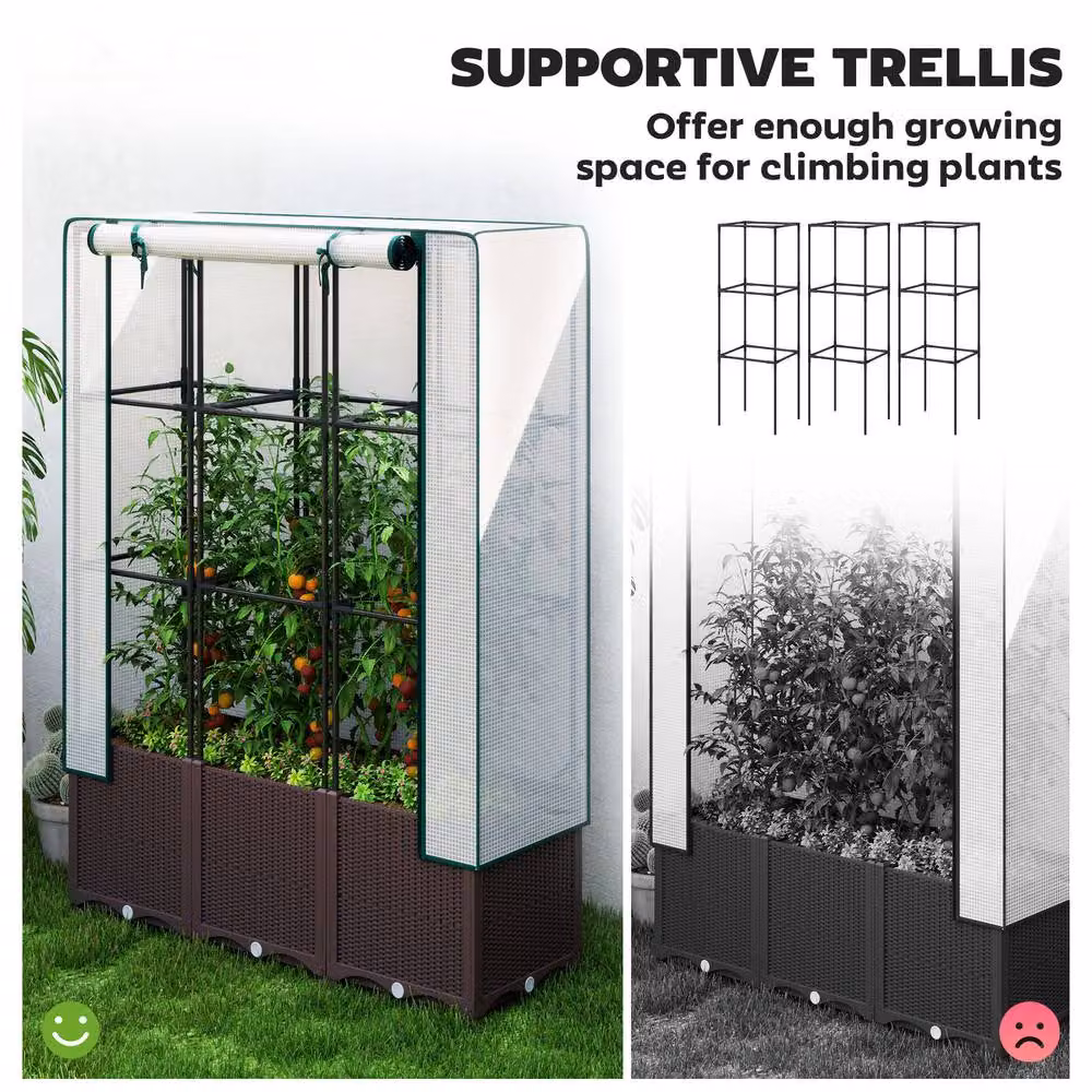 OUTSUNNY Brown Plastic Raised Bed Vegetable Planter with Trellis, W/D/H: 120 x 40 x 140 cm – 4