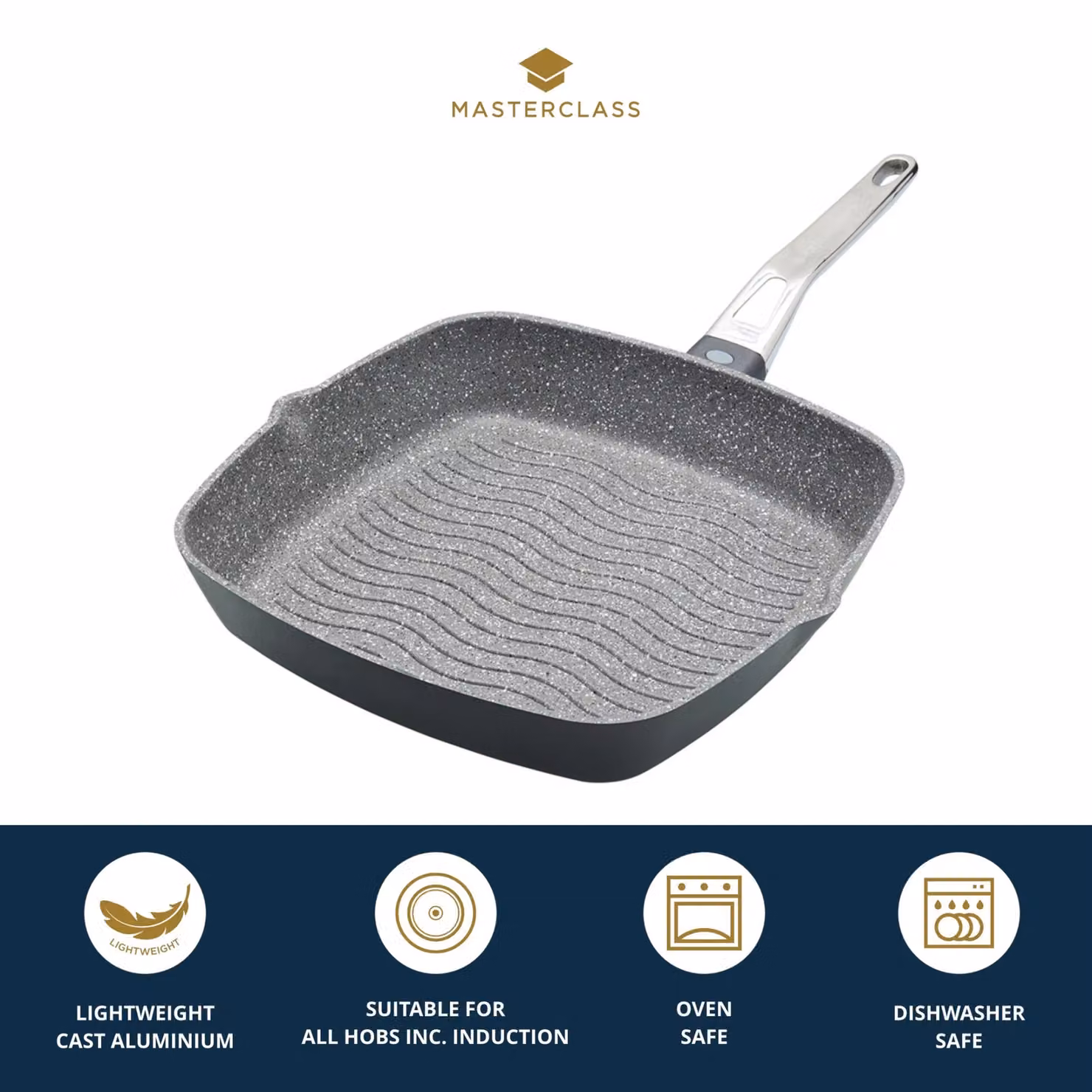 MasterClass Non-Stick Cast Aluminium Grill Pan with Pouring Spout, Grey, 28cm – 5