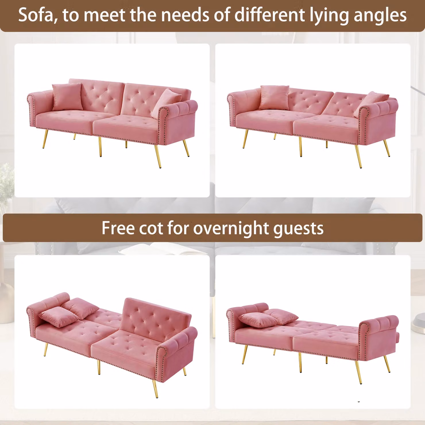 Matteo Pink Velvet Sofa Bed with 3-Stage Adjustable Backrest and Gold Accents, W/D/H: 90 x 190 cm – 5