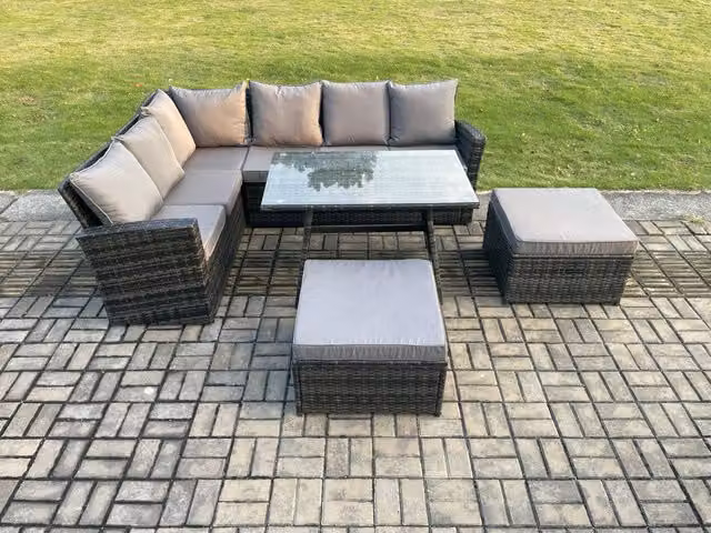 Fimous 8 Seater Rattan Garden Furniture Set with High Back Corner Sofa, Dining Table and 2 Large Footstools in Dark Grey