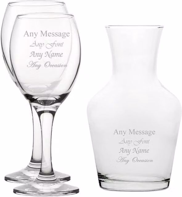 Uniqueful Personalised Set of 2 Clear Glass Wine Glasses and 500ml Vin Carafe Set