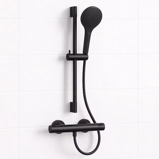 Bathroom Kingdom Avon Matt Black Round Thermostatic Bar Shower Set with Hand Shower