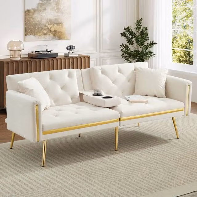 Merax White Velvet Sofa Bed with Gold Trim and Fold-Down Cup Holders, W/D/H: 174 x 76 x 71.5 cm