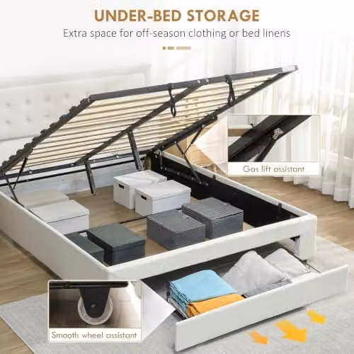 HOMCOM Upholstered Double Ottoman Bed with Lift-Up Storage in White and Beige, W: 140 cm x D: 190 cm – 3