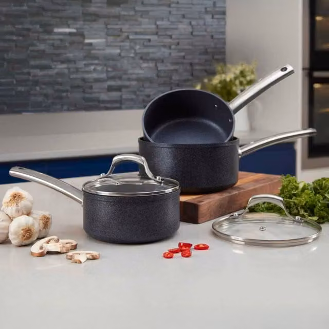 Tower 3 Piece Non-Stick Saucepan Set with Lids in Grey and Black