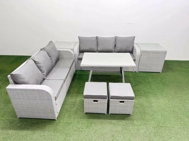 Fimous Rattan High Back Lounge Sofa Set in Light Grey with 3 Seater Sofa, 2 Side Tables and Matching Ottoman