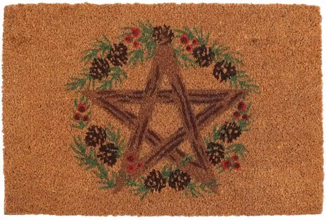 Something Different Winter Solstice Pentagram Coir Door Mat, Brown/Green/Red, W: 60.0 cm, D: 40.0 cm, H: 1.0 cm