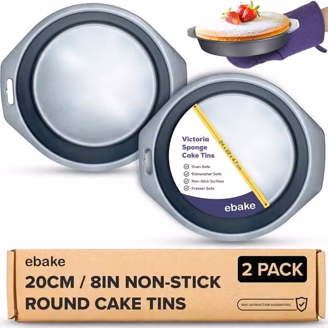 Ebake Non-Stick Round Cake Tins, 2 Pack, Black, Diameter: 20.32 cm