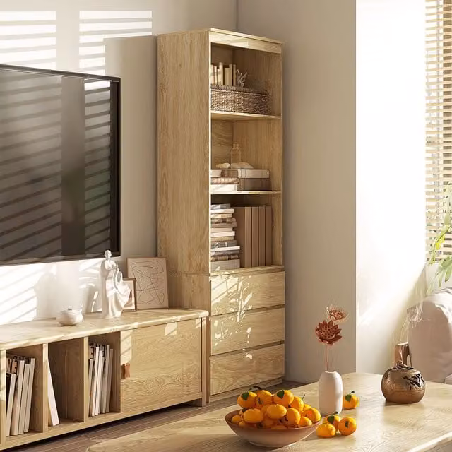 HOMCOM Modern Tall Oak Bookcase with Shelves and Drawers