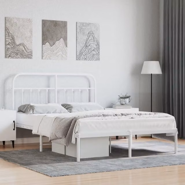Berkfield Home Metal Bed Frame with Headboard in White, W: 135 cm, L: 190 cm – 1