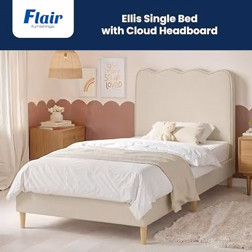 Flair Furnishings Ellis Single Bed Frame with Cloud Headboard in Beige Woven Fabric, 90 x 190 cm – 2