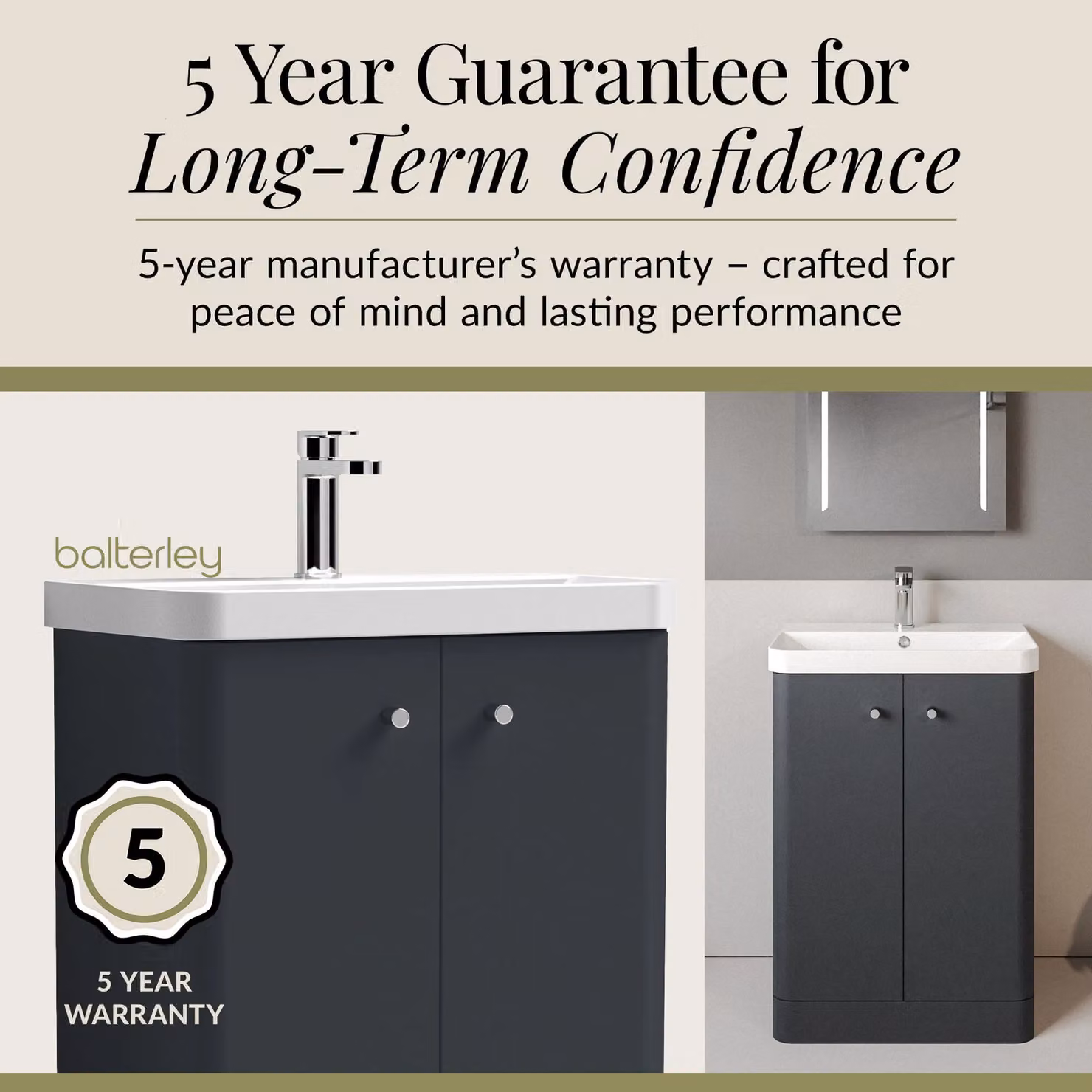 Balterley Modern 2 Door Freestanding Bathroom Vanity Unit with Ceramic Basin in Matt Dark Grey, Width: 60 cm – 3