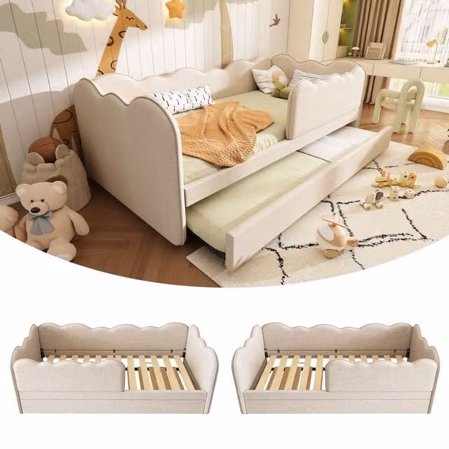 Matteo Upholstered Single Sofa Bed with Pull out Trundle in Beige, W/D/H: 90 x 190 cm