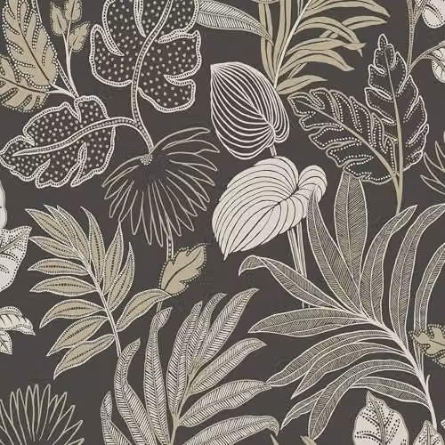 Grandeco Kew Botanical Leaves Black Textured Vinyl Wallpaper