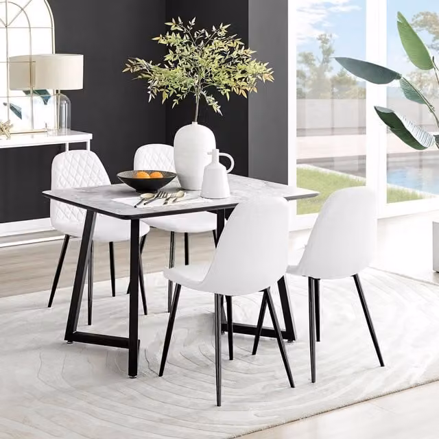 FurnitureboxUK Carson White Marble Effect Dining Table and 4 Corona Black Faux Leather Chairs