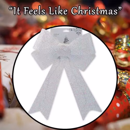 VFM e-Store Light Up Tinsel Bow Christmas Decoration, White, W/D/H: 29 x 43 x 10 cm – 6