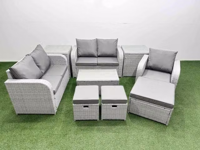 Fimous Grey Poly Rattan Garden Furniture Set with Reclining Chair, Loveseat Sofa, Rectangular Coffee Table and Ottoman