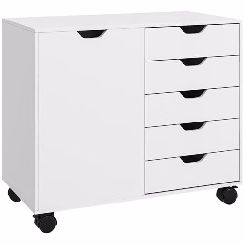 HOMCOM White Lateral Office Storage Cabinet with 5 Drawers and Door on Castors, W: 78.0 cm, D: 40.0 cm, H: 66.5 cm