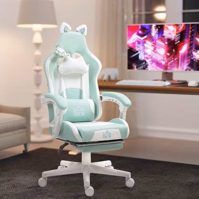 HOMCOM Blue Synthetic Leather Gaming Chair with Footrest and Headrest