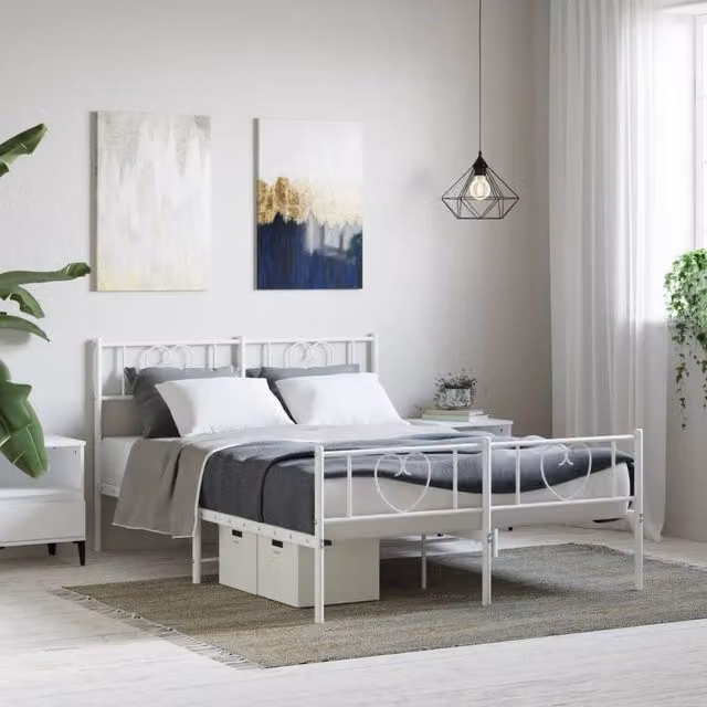 Berkfield Home Metal Bed Frame with Headboard and Footboard in White, W/D/H: 150 x 200 cm