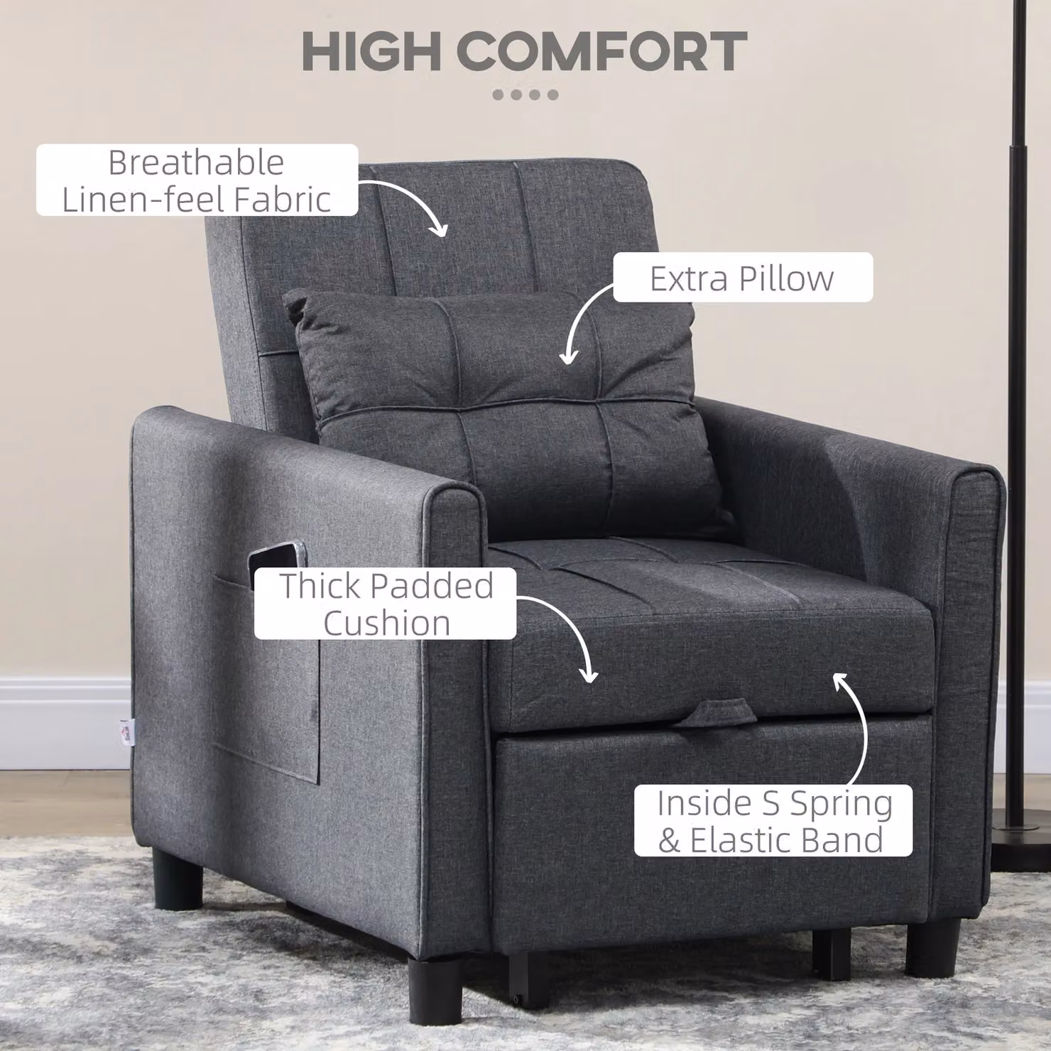 HOMCOM 3-in-1 Linen-Look Single Chair Bed with Adjustable Back and Eucalyptus Wood Frame in Grey – 4