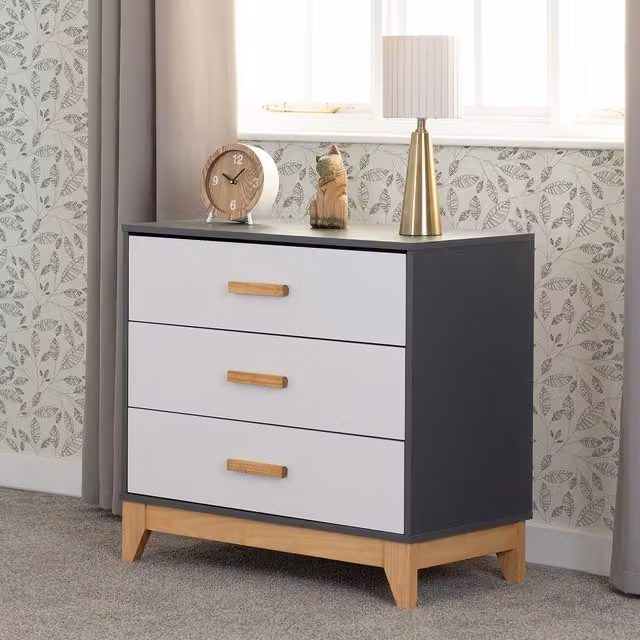 Seconique Modern Pine 3 Drawer Chest in Grey and White
