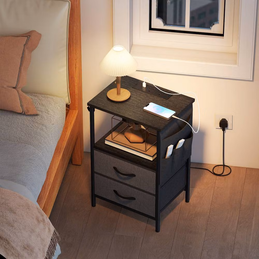 STILVORA Bedside Table with Charging Station in Black – 8