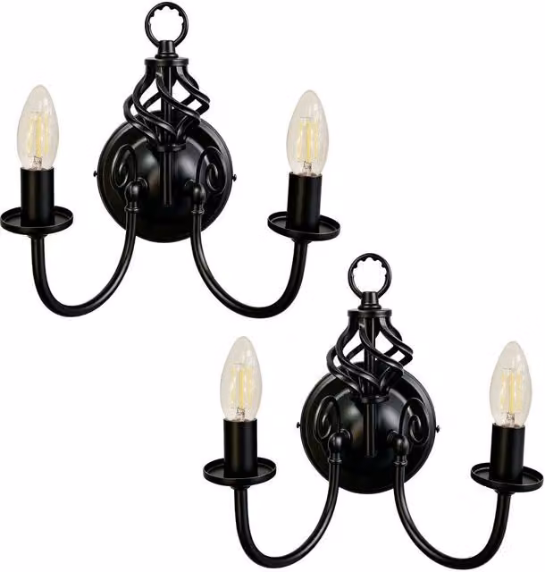 First Choice Lighting Barley Twist Set of 2 Black Metal Wall Lights