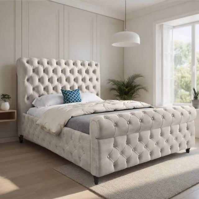 KDMD Tickencote Sleigh Upholstered Designer Bed Frame in Beige Soft Velvet, Size: Single (90 x 200 cm) – 1
