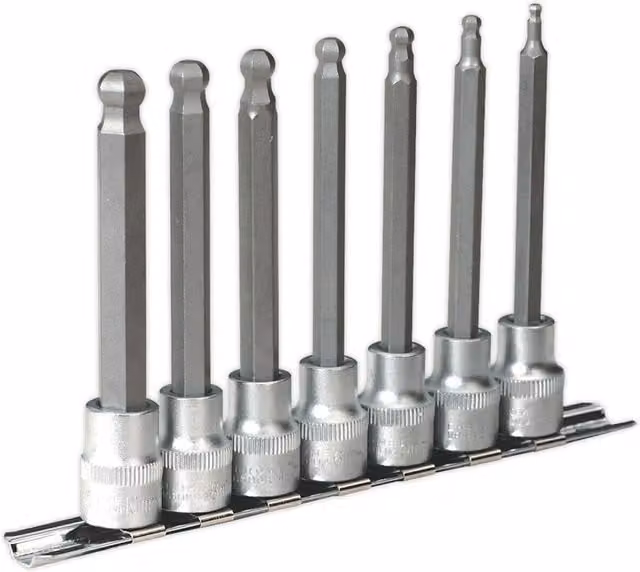 Loops 7 Piece Ball End Hex Socket Bit Set, 3/8 Inch Square Drive, Silver and Multicolour Chrome Vanadium Steel