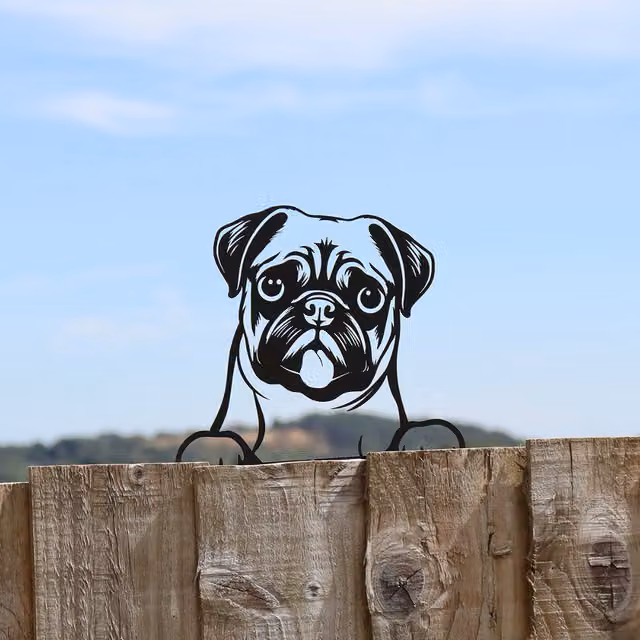 Betley Butterfly Black Metal Pug Peeking Dog Silhouette Fence Topper