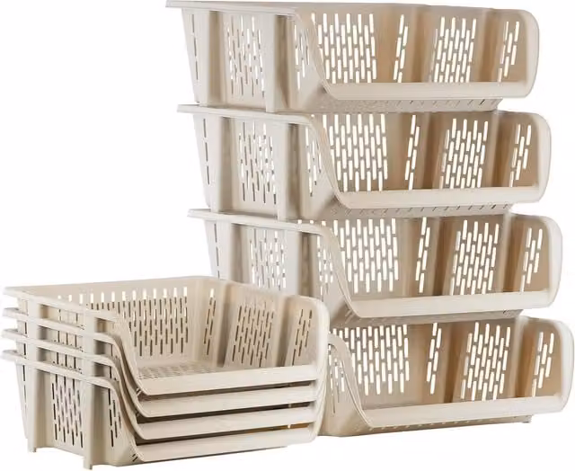 Geezy Set of 4 Stackable and Nestable Open Front Plastic Storage Baskets in Beige and White
