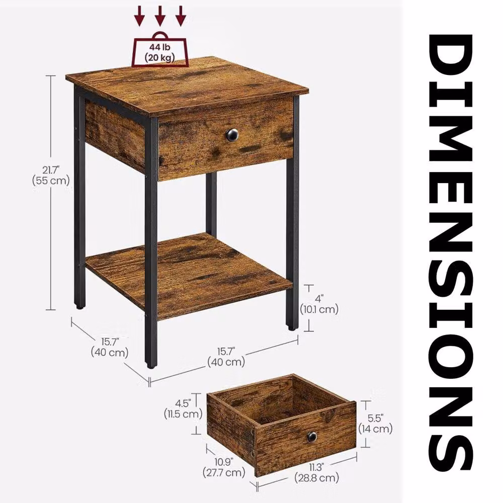 Pirlo Plush Industrial Bedside Table with Drawer and Shelf in Rustic Brown – 6