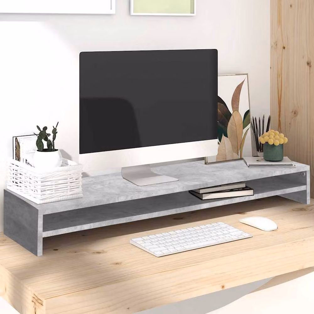 Berkfield Home Monitor Stand in Concrete Grey Engineered Wood W/D/H: 100 x 24 x 13 cm – 2