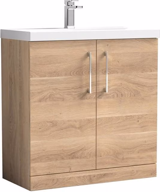 Balterley Brown Bleached Oak 2-Door Freestanding Bathroom Vanity and Basin Unit with Soft-Close Doors and Internal Shelves, Width: 80 cm